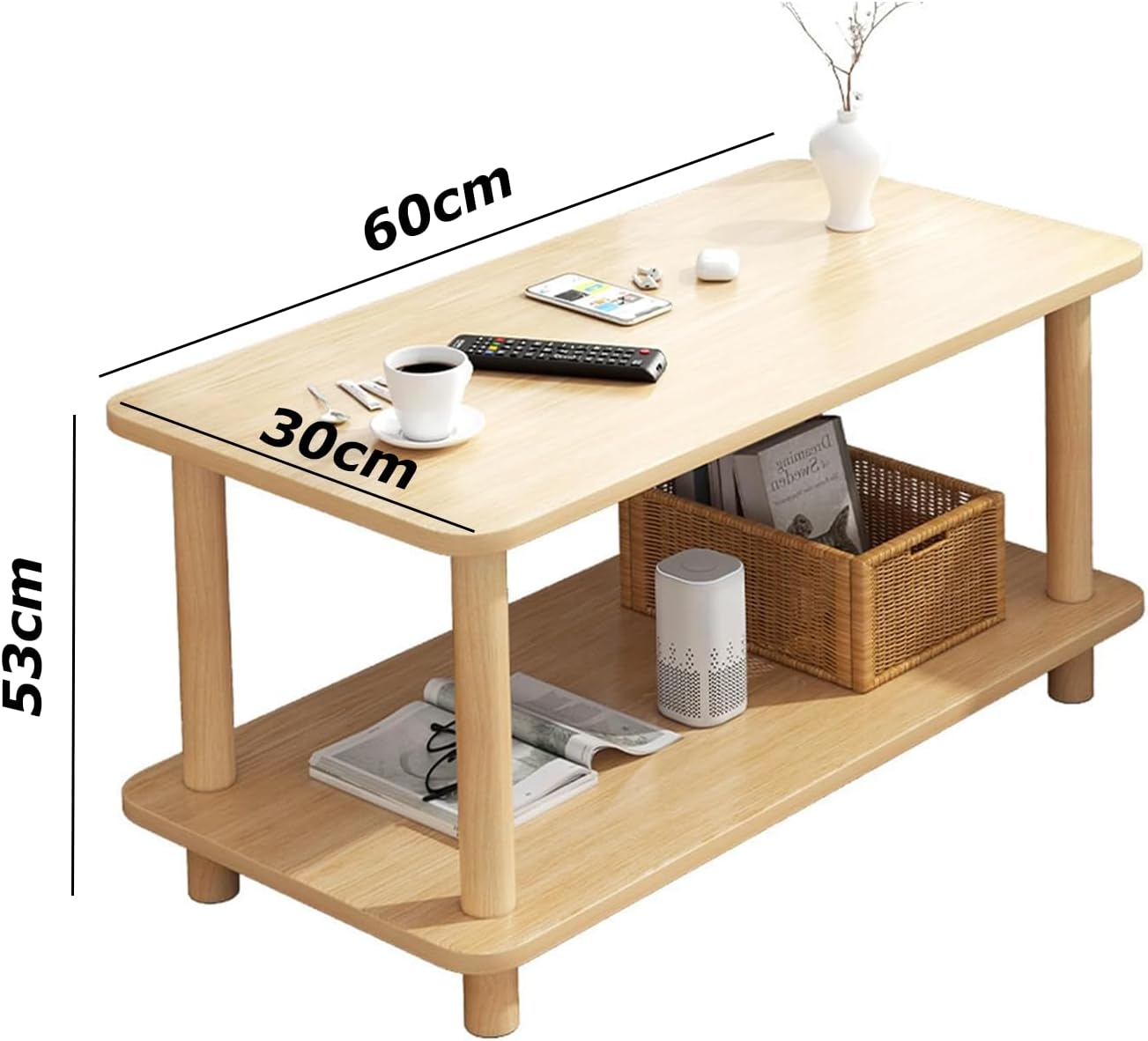 OYDAS Coffee table, Tea Table,End Table 60x30x53cm,Wood Sofa Table,Modern Minimalist Bedside Table with Storage Shelf,Rounded Corners,Coffee Table for Small Space,Bedroom, Living Room,Balcony (is17)