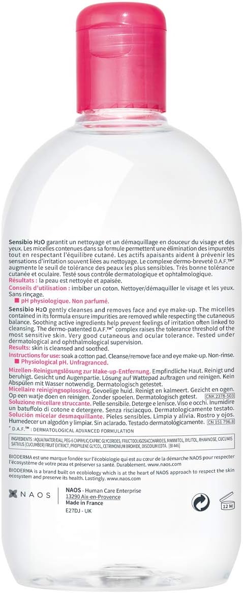 Bioderma Sensibio H2O Soothing Micellar Cleansing Water and Makeup Removing Solution for Sensitive Skin - Face and Eyes - 3.33 Fl Oz (Pack of 3)