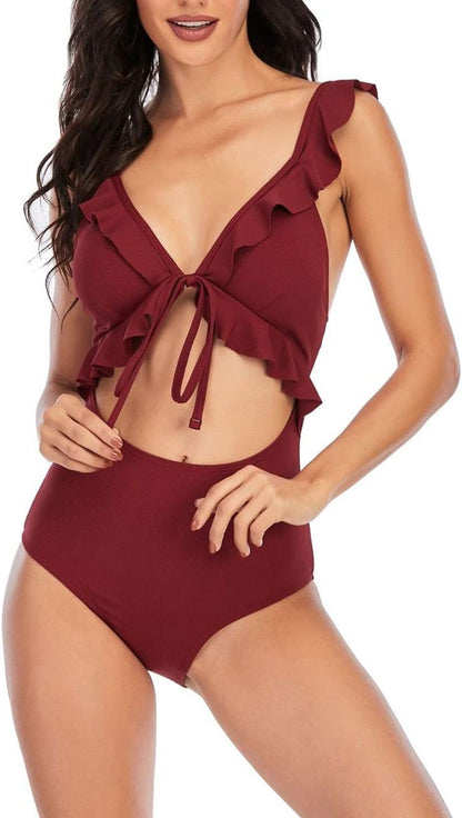 Women's One Piece Swimsuit Slimming V Neck Bathing Suit Sexy Cutout Ruffled Lace Up Swimwear Monokini High Waisted Tummy Control Swimming Suits