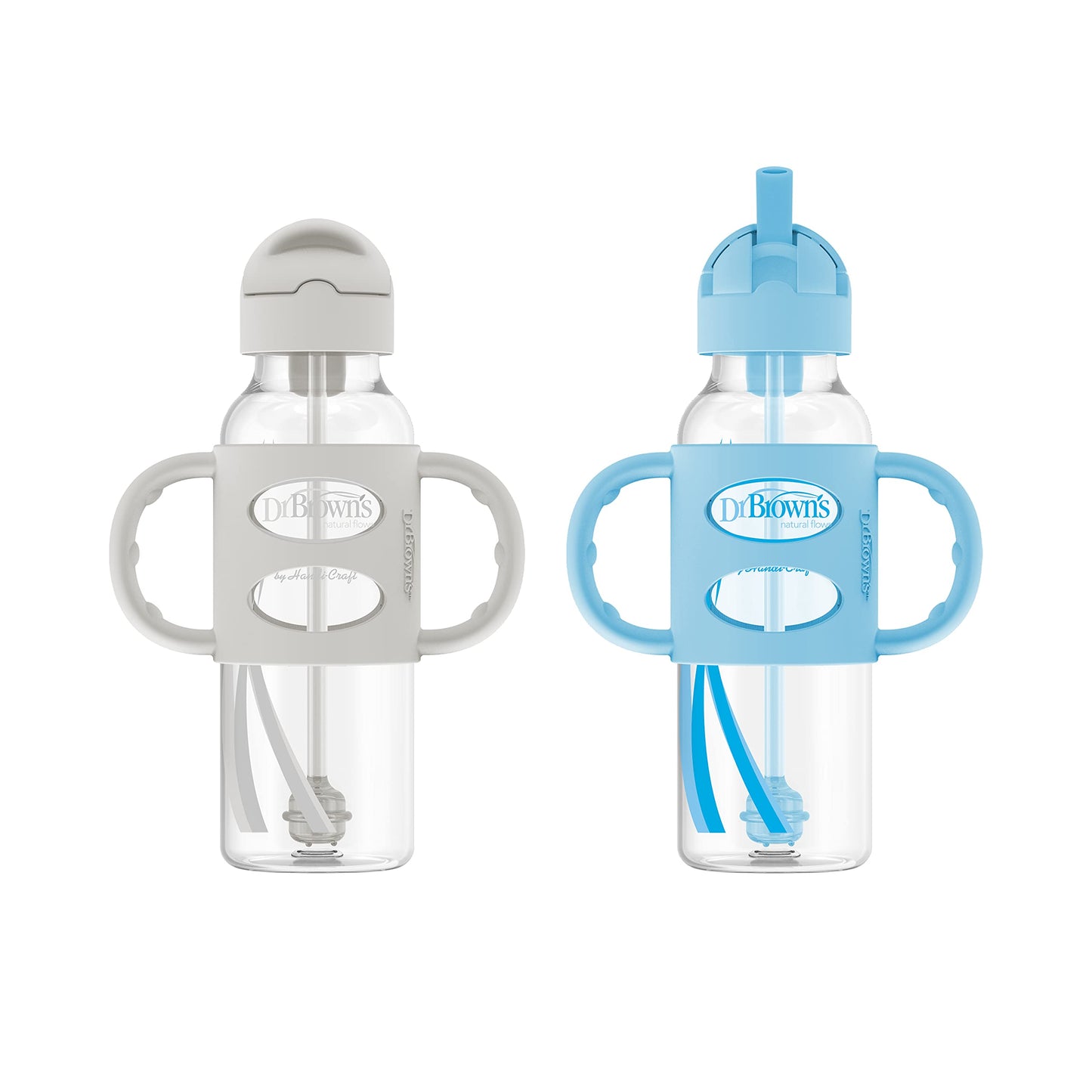 Dr. Brown’s® Milestones™ Narrow Sippy Straw Bottle with 100% Silicone Handles, 8oz/250mL, Gray & Blue, 2 Pack, 6m+