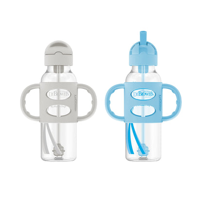 Dr. Brown’s® Milestones™ Narrow Sippy Straw Bottle with 100% Silicone Handles, 8oz/250mL, Gray & Blue, 2 Pack, 6m+