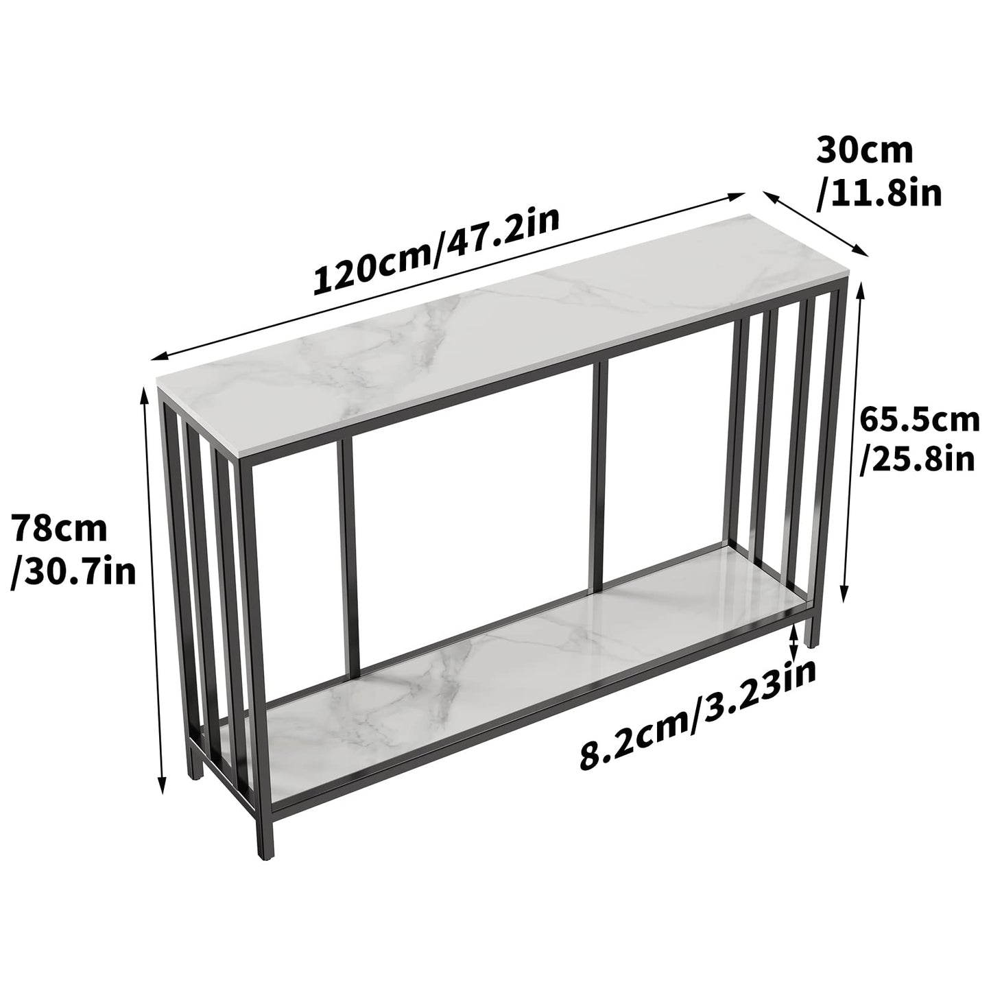 White Console Table for Entryway: Sintered Stone Hallway Desk Narrow High Gloss Marble Table Top with Bottom Shelf Modern Accent Sofa Side Foyer Living Room Table, 120x30x78CM