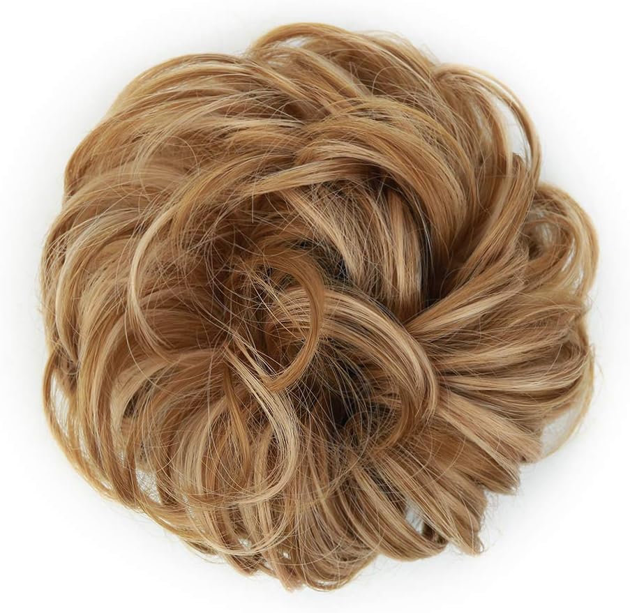 MORICA 1PCS Messy Hair Bun Hair Scrunchies Extension Curly Wavy Messy Synthetic Chignon for Women (12AH613(Light Golden Brown & Lightest Blonde))