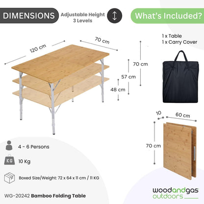 Wood Bamboo Folding Table with Adjustable Height Legs – Heavy Duty Portable for Picnic, Camping, Beach, Outdoor Events - Foldable Table for BBQ party with Handle & Carry Bag – 120 x70 cm, H: 48-57-70