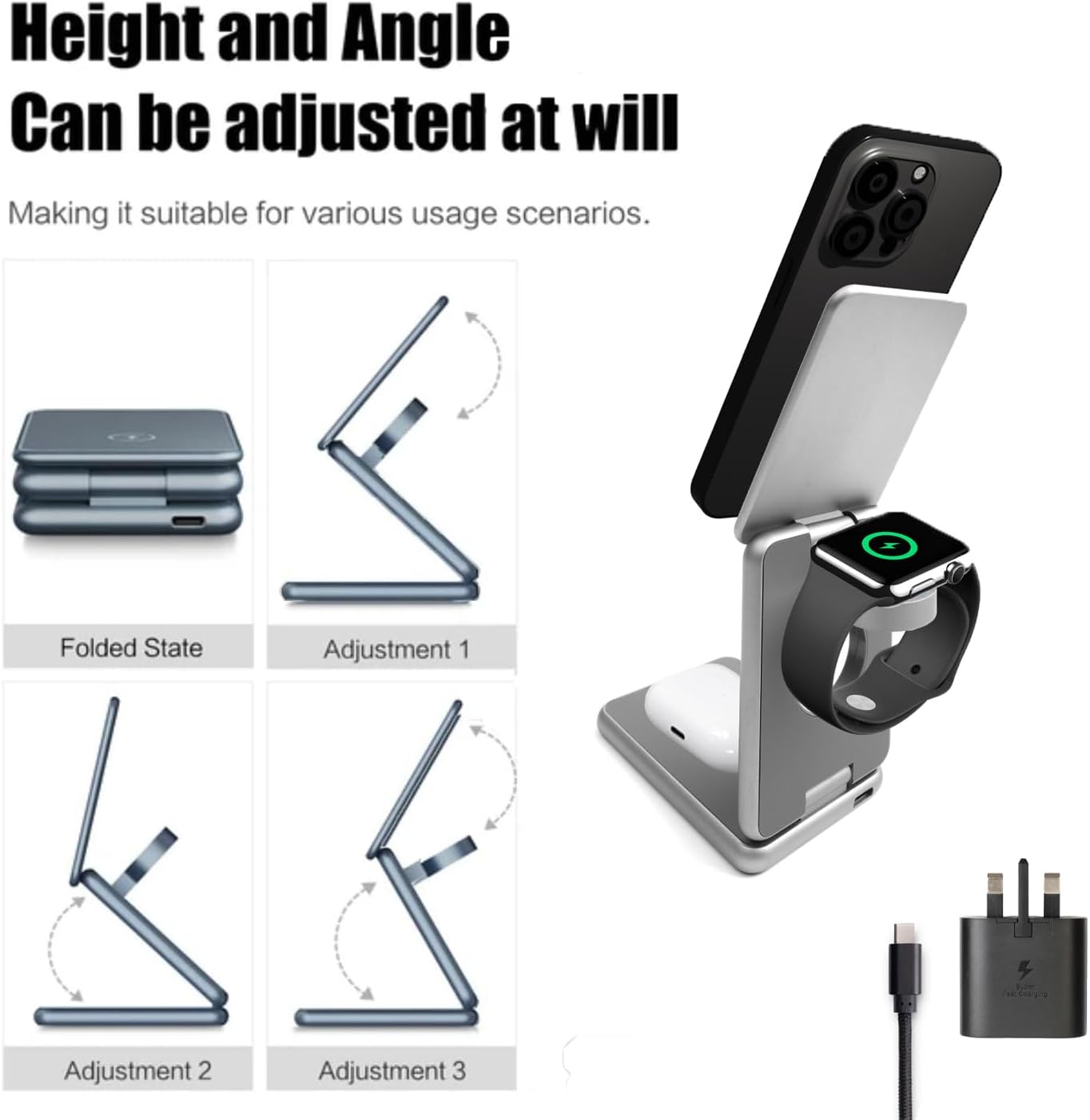 3IN1 WIRELESS CHARGING STAND With MAGSAFE/Qi, certified for Iphone/Samsung Devices and Accessories,Wireless MagSafe Charging Stand Station,15W Fast Charging series for Devices,Smart Watch