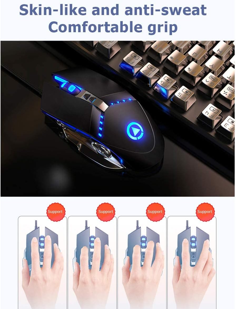 Gaming Mouse USB Wired RGB Backlit Silent Click Gamer Mouse with 4 Adjustable DPI Up to 3200, Comfortable Grip Ergonomic Optical Gaming Mice for Laptop PC Gamer Computer