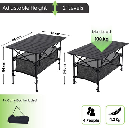 Adjustable Height 54 and 84 cm, Folding Table 2 Levels – Heavy Duty and Portable for Picnic, Camping, Beach, Outdoor Events – Foldable Table for BBQ party with Carry Bag – Size 95 x 55, H: 54-84 cm