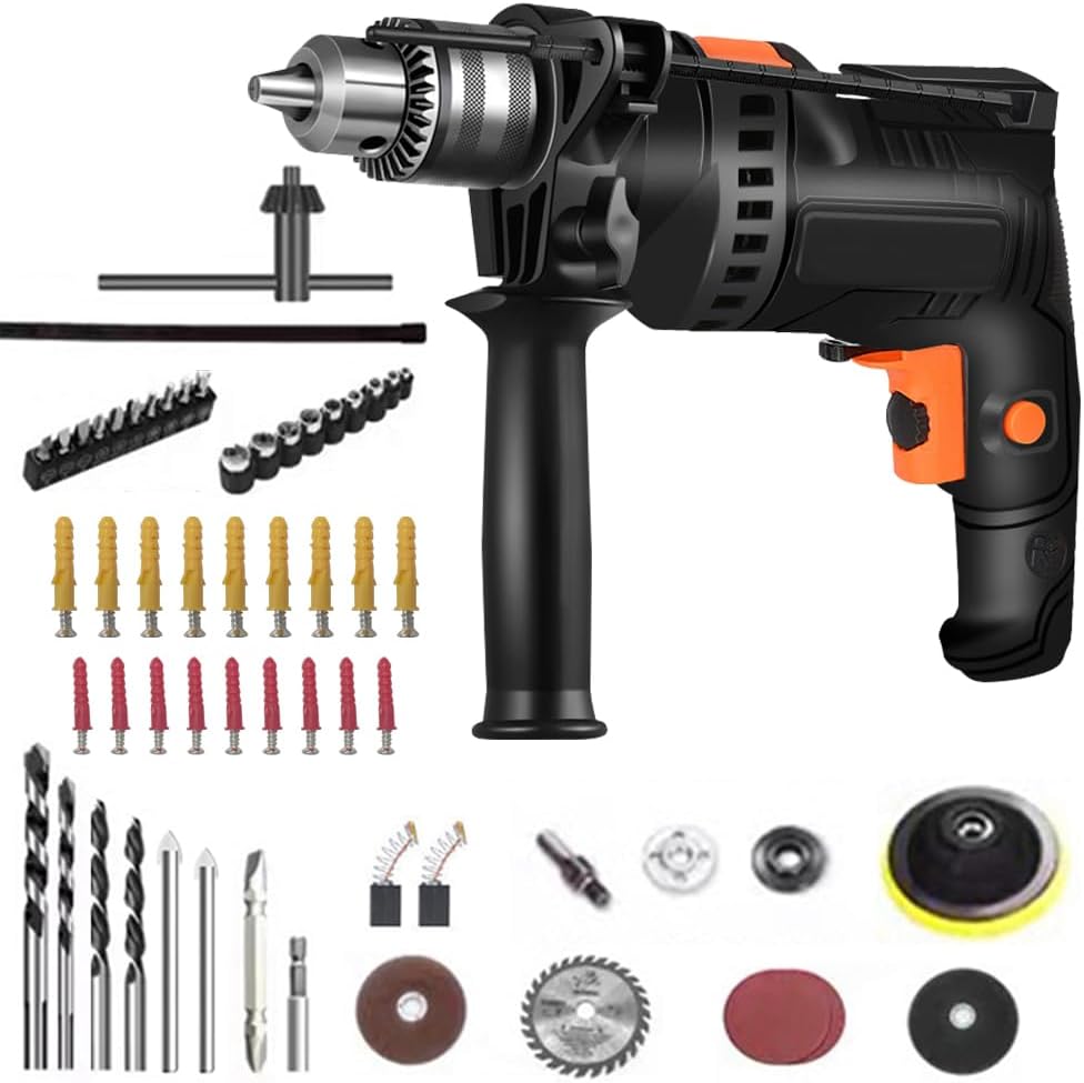 Electric Drill Variable Speed Percussion Drill Kit Household Multifunctional Hammer Drill 220V Industrial Powerful Pistol Drill Set with Saw Blade Grinding Wheel for Drilling Wall Bricks Wood Metal