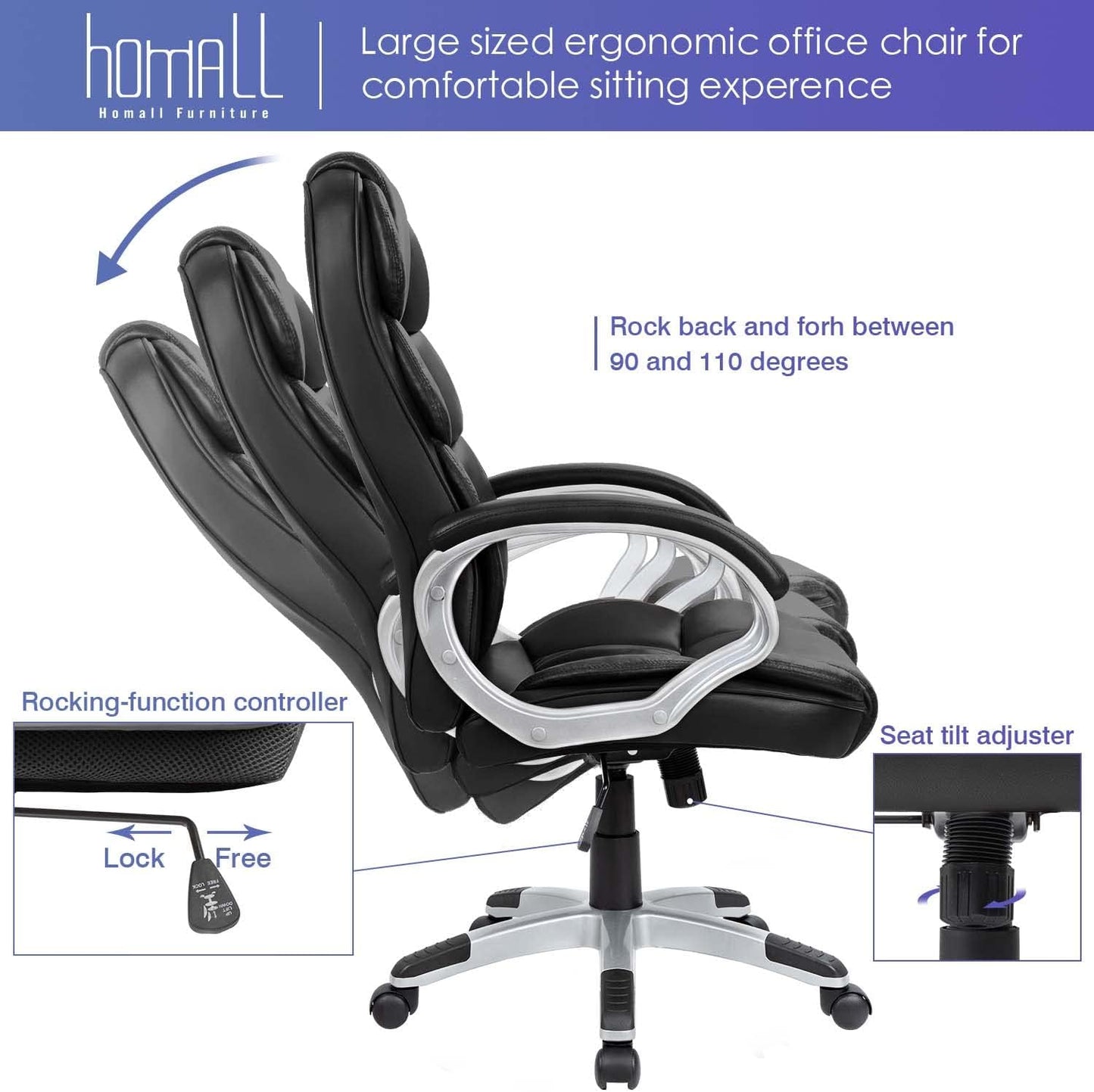 Homall Office Chair High Back Computer Desk Chair, PU Leather Adjustable Height Modern Executive Swivel Task Chair with Padded Armrests and Lumbar Support (Black)