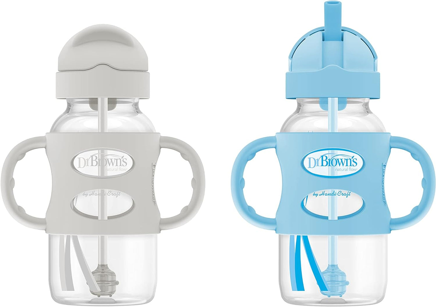 Dr. Brown’s® Milestones™ Narrow Sippy Straw Bottle with 100% Silicone Handles, 8oz/250mL, Gray & Blue, 2 Pack, 6m+