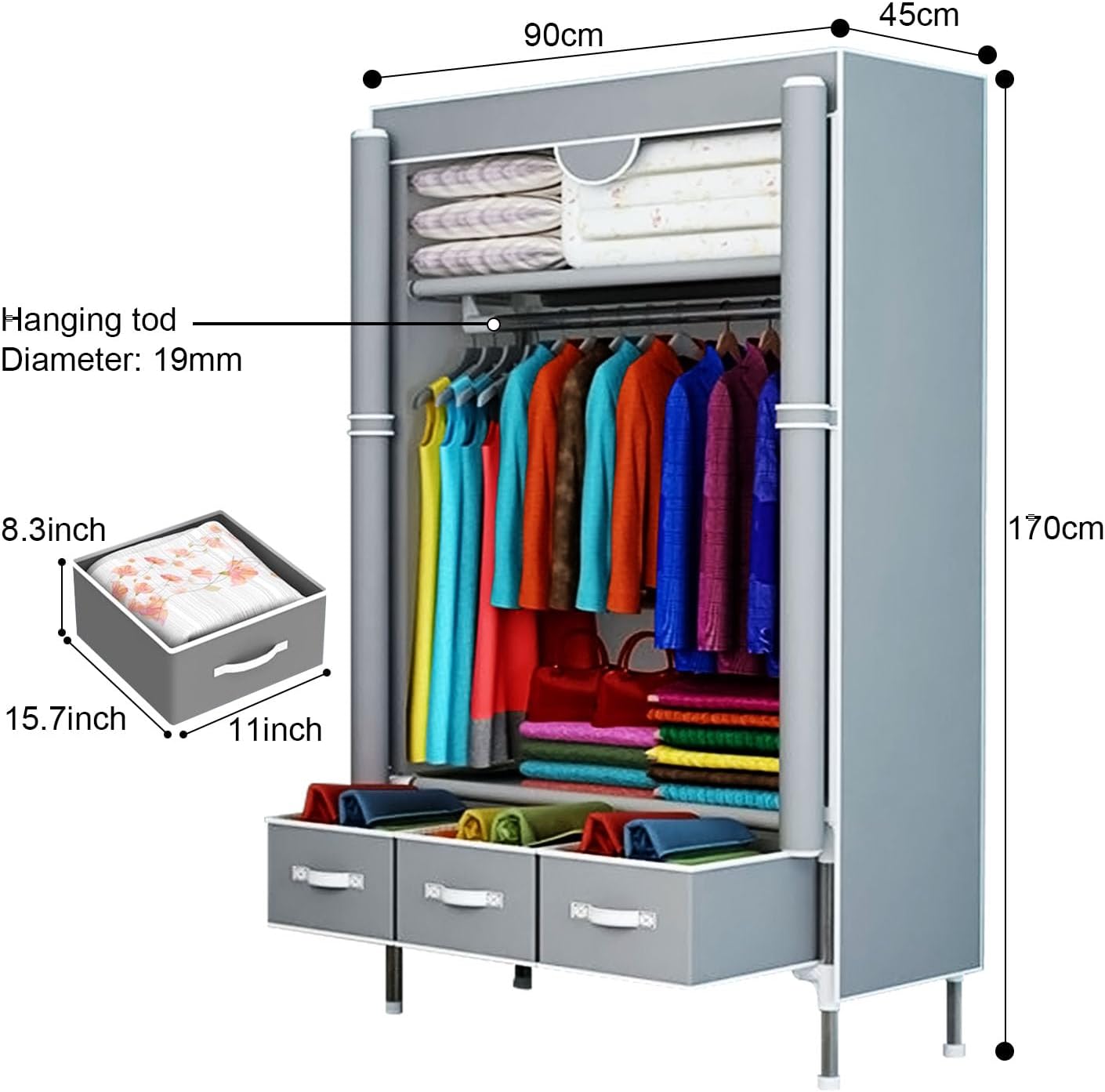 Gluckluz Fabric Wardrobe Clothes Storage Closet with Three Drawer Zipper Foldable Non-Woven Cover Hanging Rod Freestanding Canvas Garment Organizer Rack for Bedroom Home