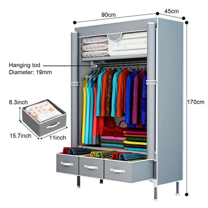 Gluckluz Fabric Wardrobe Clothes Storage Closet with Three Drawer Zipper Foldable Non-Woven Cover Hanging Rod Freestanding Canvas Garment Organizer Rack for Bedroom Home