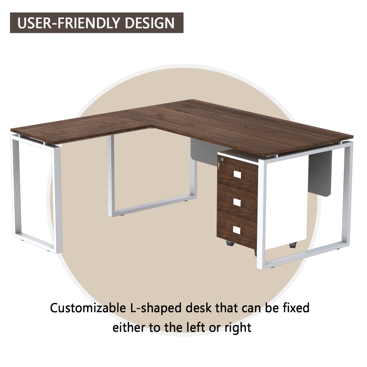 Mahmayi Carre Modern Workstation- Office Furniture with Steel Square Metal Legs, Silver Modesty Panel, Wood 3 Drawer Mobile Storage Unit, Tempered Glass Top for Office Executives, Home (140CM, White)