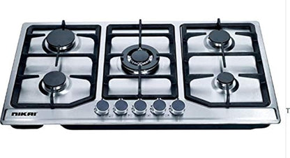 Nikai 5 Burner Gas Hob with Auto Ignition, Cast Iron Support, Full Safety Features, Straight Flame, Stainless Steel Body, Rapid Burner, Semi-Rapid Burner, Auxiliary Burner - NGH5005N