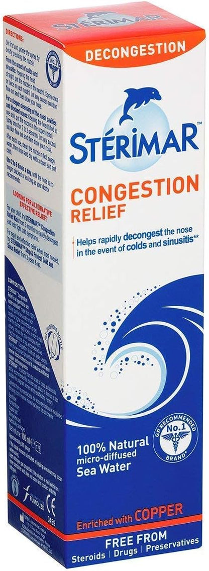 Sterimar Nasal Spray - Congestion Relief - Natural Sea Water with Copper & Magnesium - 100ml - Pack of 2