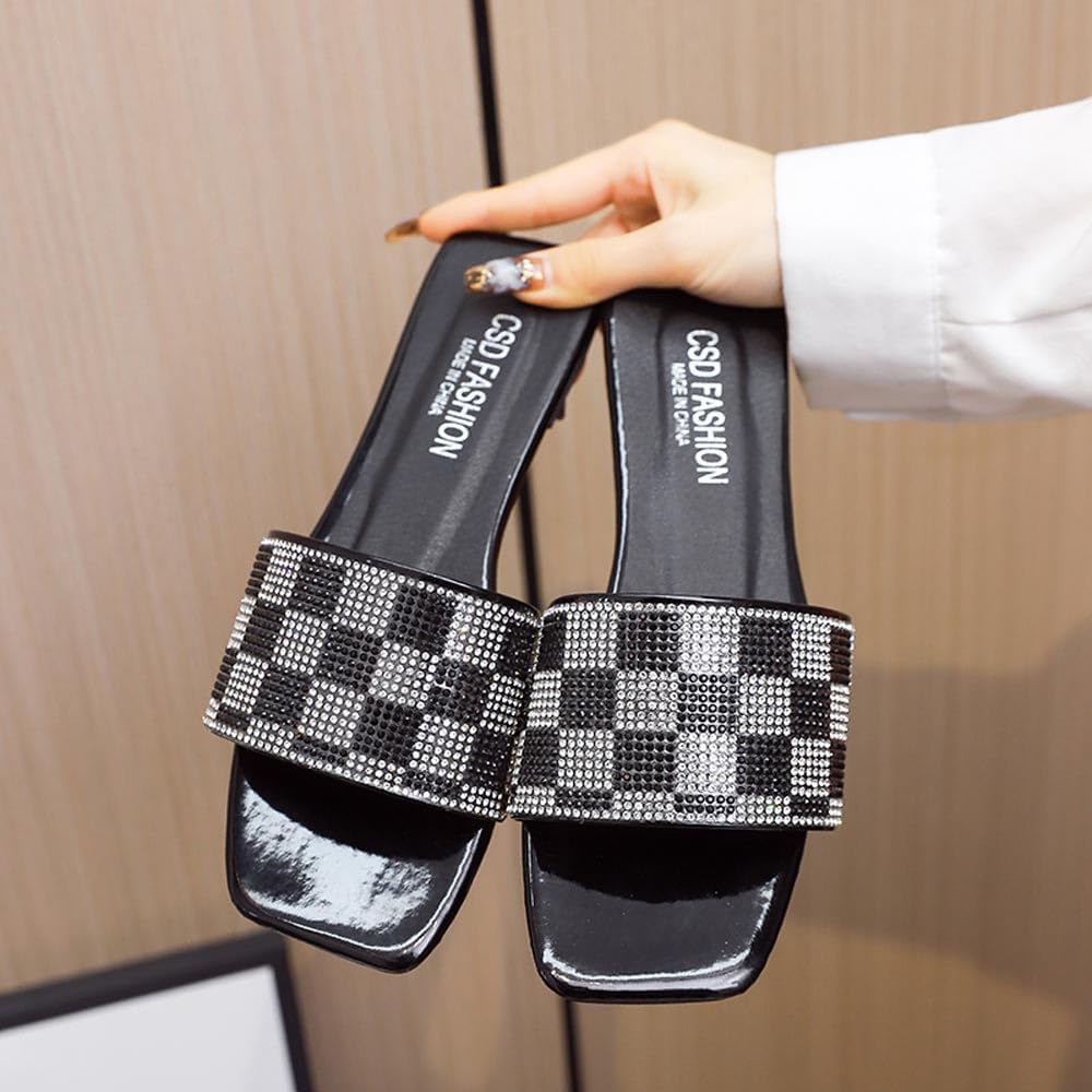 Women's Flat Heels Slippers Concise Checkered Luxury Design Rhinestone Slides Flip Flops Slippers Casual Beach Sandals Shoes For Ladies