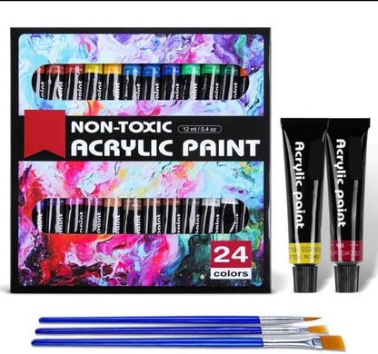 CLOUDFOUR Acrylic Paint Set, 24 Colors x 12ml, Non-Toxic, Water based Paints, Art and Craft Painting Supplies, Canvas Paint Kit with 3 Paint Brushes for DIY Craft Paints, Paper, Rock, Wood and Ceramic