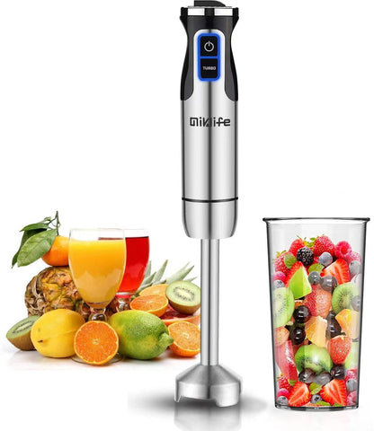 Miklife Hand Blender, Multifunctional 600W 4-in-1 Stick Mixer, 12-Speed, Stainless Steel, Titanium Plated Blade, includes 600ml Mixing Beaker, 860ml Chopper, Whisk Attachment