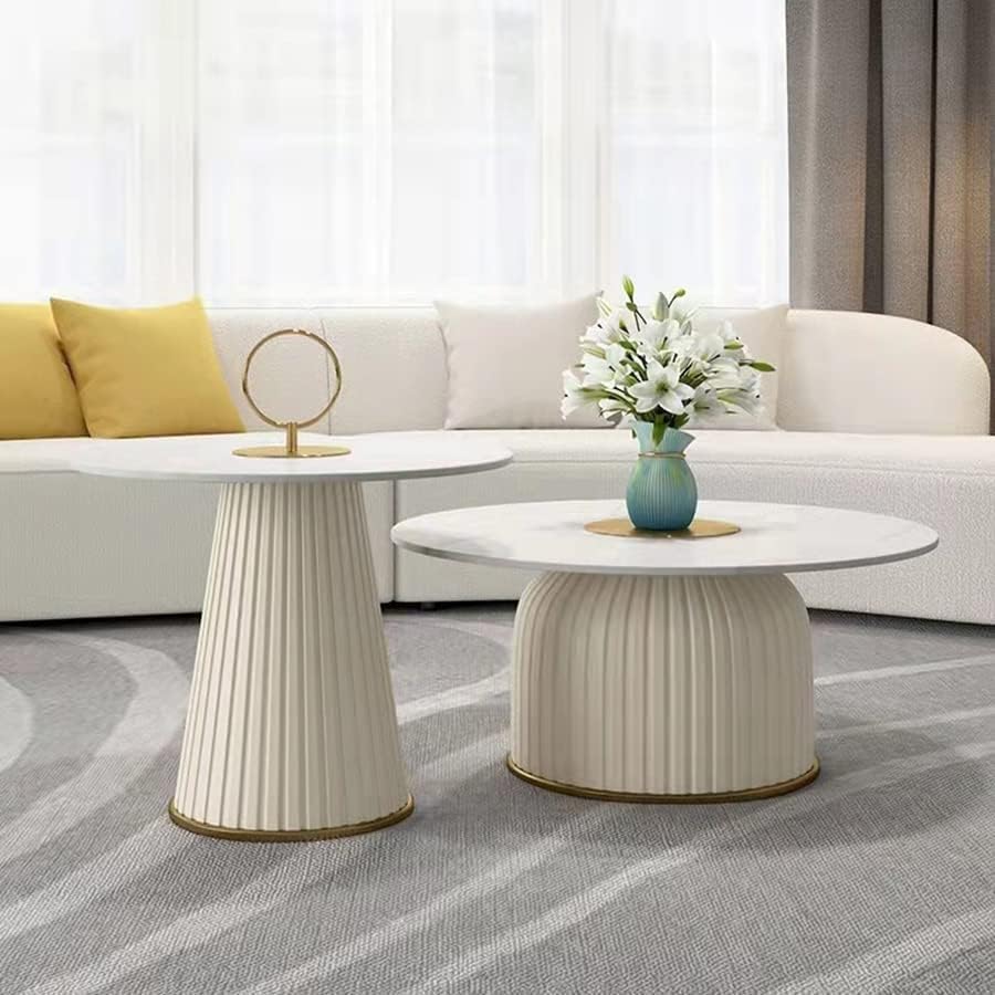 Maple Home Decoration Coffee Table Sofa Side Table Modern Nesting Golden Frame Circular and Marble Pattern Living Room Apartment Furniture Set of Φ80CM+Φ60CM