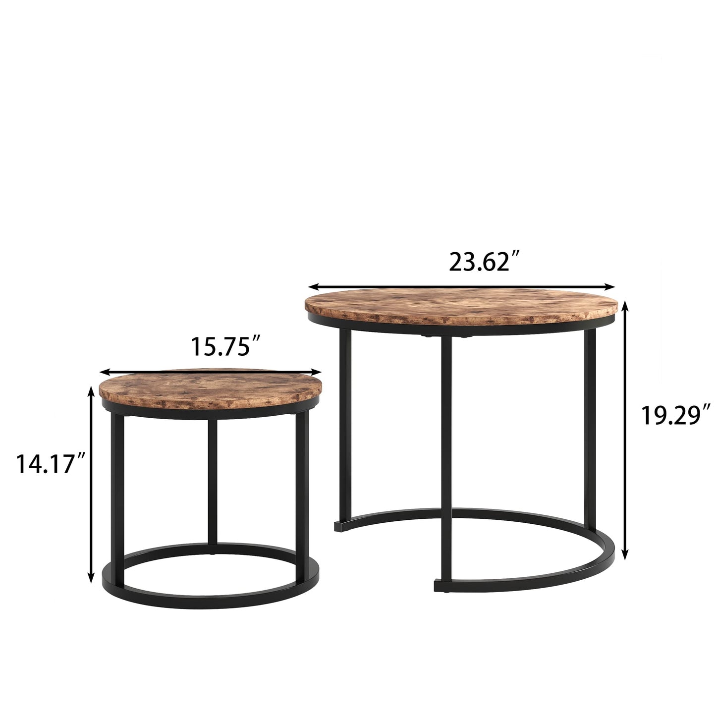 BOFENG Round Nesting Coffee Tables Set of 2 Farmhouse End Tables for Living Room Balcony,Couch Table,Stacking Side Tables, Wood Look Accent Furniture with Sturdy Steel Metal Frame,Vintage Brown