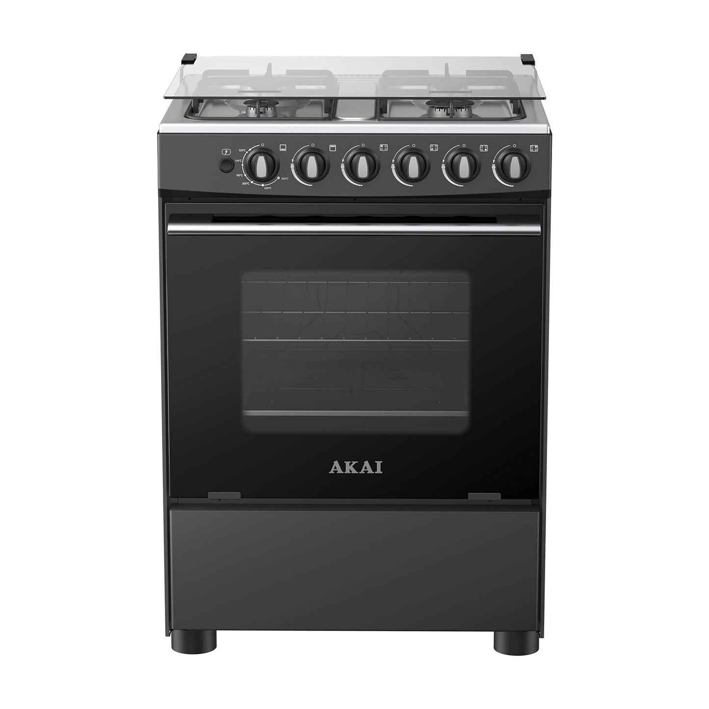 Akai Stainless Steel 4 Gas Burner Full Safety Freestanding Cooking Range (60X60 cm), Cast Iron Support, Double Glass Oven Door, Auto Ignition, Mechanical Timer Function, CRMA-M606BFS