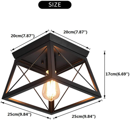 Garwarm Rustic Black Ceiling Lights Semi Flush Mount Farmhouse Ceiling Lamp, Vintage Black Industrial Lighting Ceiling Fixtures with Metal Cage for Kitchen Hallway Dining Room Entryway, E27 Base