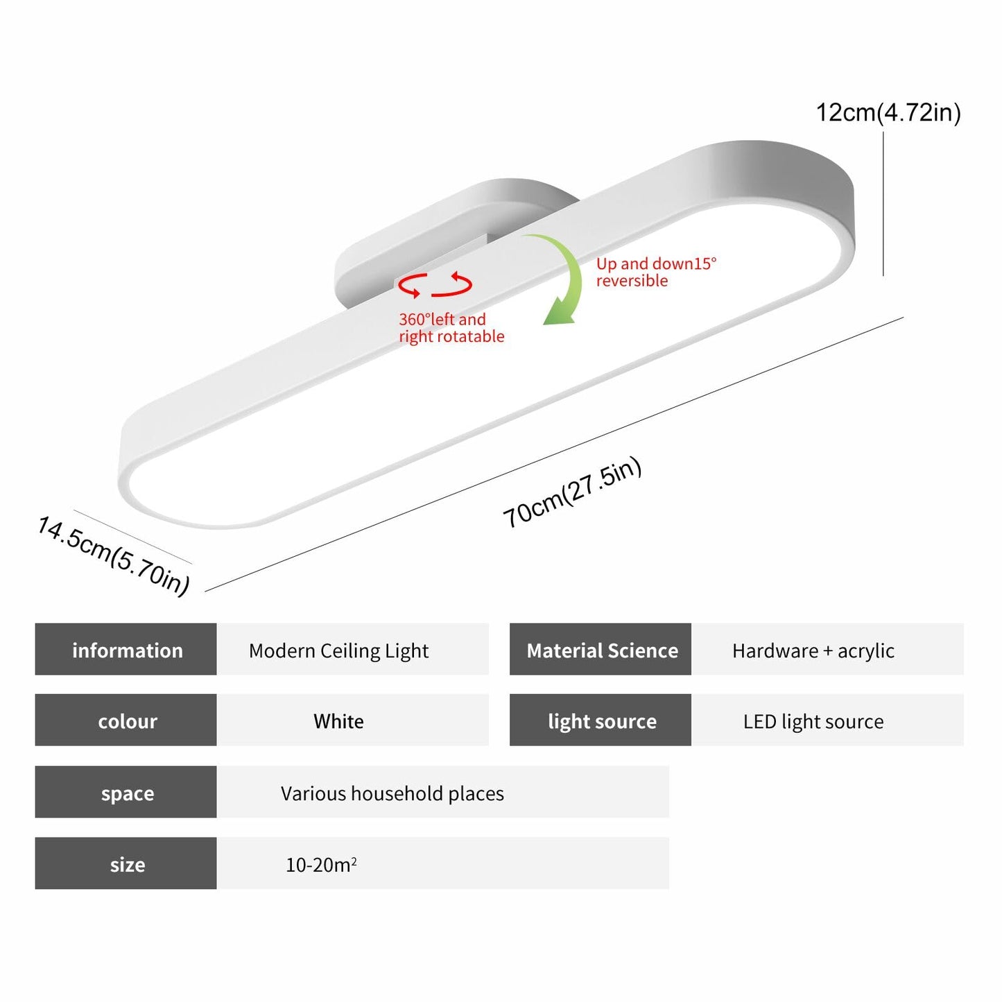 Ganeed 27.6" LED Ceiling Light, Full Spectrum Linear Ceiling Lamps, 6500K Cool White Modern Ultra Thin Low Profile Light Fixture for Office Living Room Bedroom Kitchen Study Room Hallway, White/36W