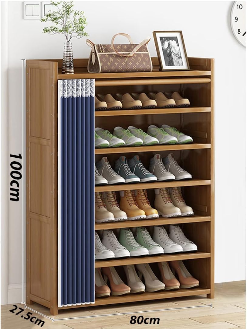 Wooden Shoe Rack, Shoe Cabinet with Dustproof Cover, Bamboo Free Standing Entryway Closed Shoes Organizer, Multi-Function Storage Shelf, Wood-Made Home House Office Furniture, Boots Stand (7.Tier)