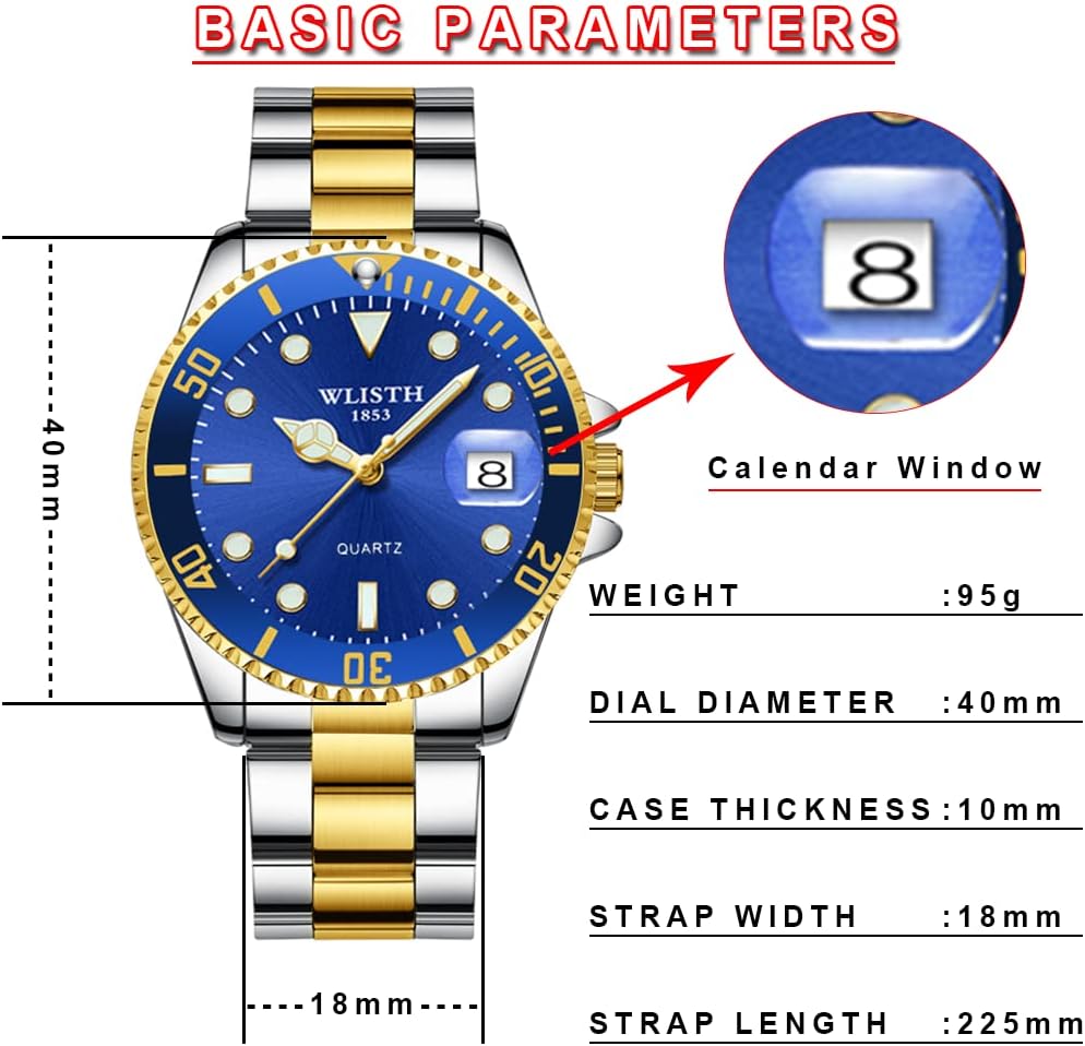 DEAVALLY Men's Watch Fashion Multifunctional Personality Business Casual Stainless Steel Strap Waterproof Analog Quartz Gift Watch Gold Blue