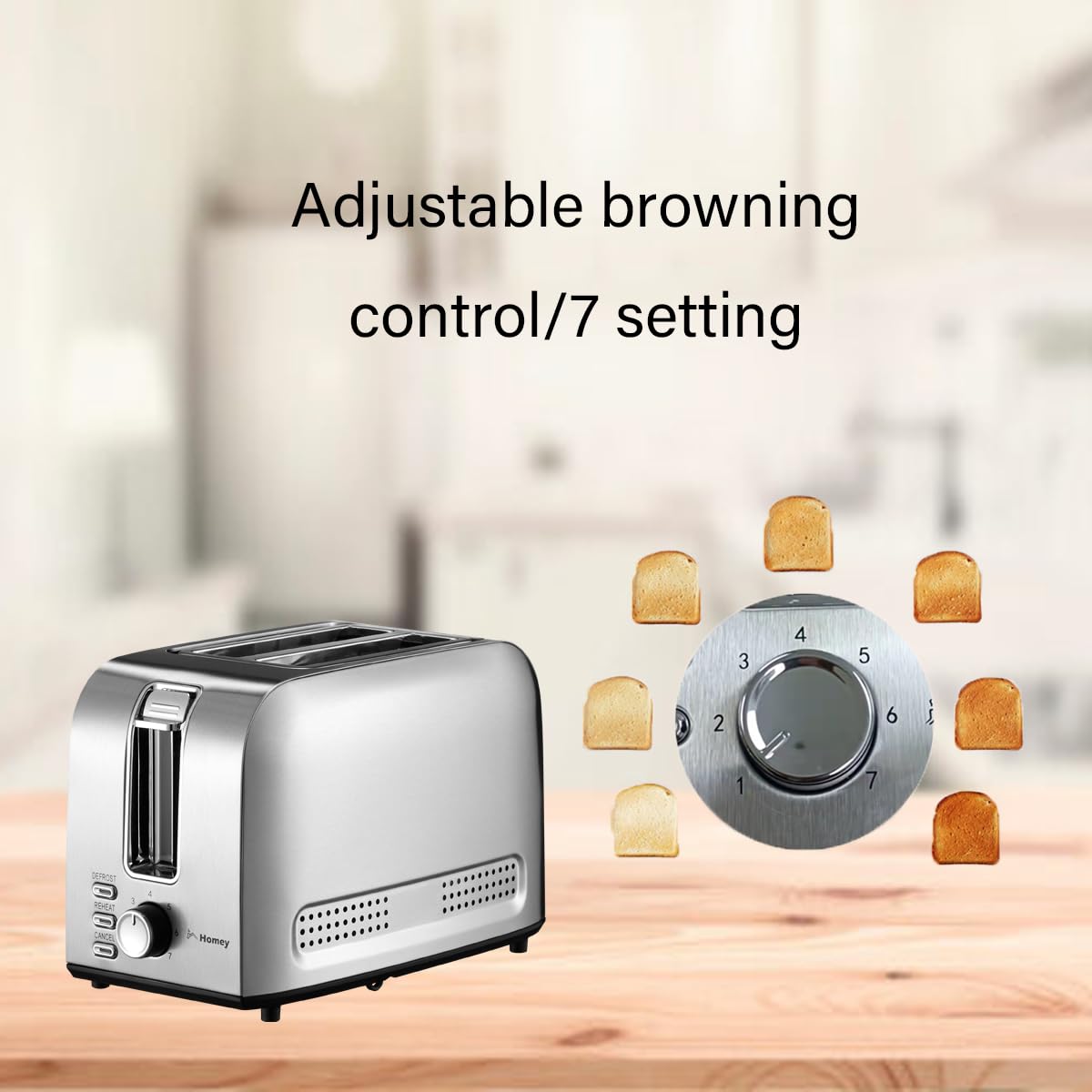 Homey Toaster 2 Slice, Bread Toaster, 7 Adjustable Browning Control,Reheat,Defrost,Cancel Function, with Removal Crumb Tray and Warming Rack, Black