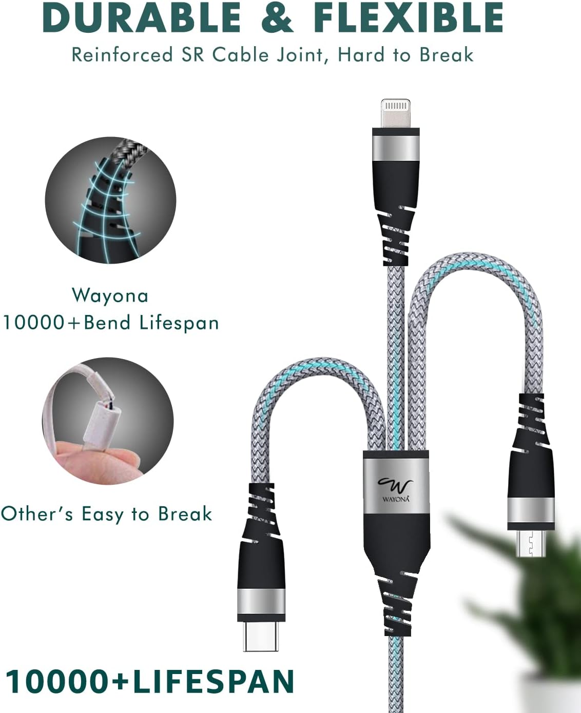 Wayona All In One 60W USB Fast Charging Travel Cable Set with Type C, Lightening and Micro Port Inbuilt Mobile Stand Compatible with iPhone, iPad, Samsung Galaxy, OnePlus, Mi, Oppo (All in 1, Black)