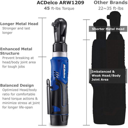 ACDelco Power Cordless Ratchet Wrench 3/8" 12V Max. Torque 45 ft-Lbs Compact Size, Max. Hand Torque 100ft-lbs, Tool Kit with 2.0 Ah Battery and Charger ARW1209