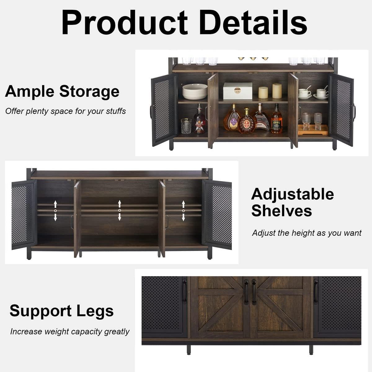 Aubtik Farmhouse Liquor Cabinet Bar for Home, Large Coffee Bar Cabinet with Storage, Rustic Buffet Sideboard with Wine Rack and Glass Holder, 51.34" (Walnut Brown)