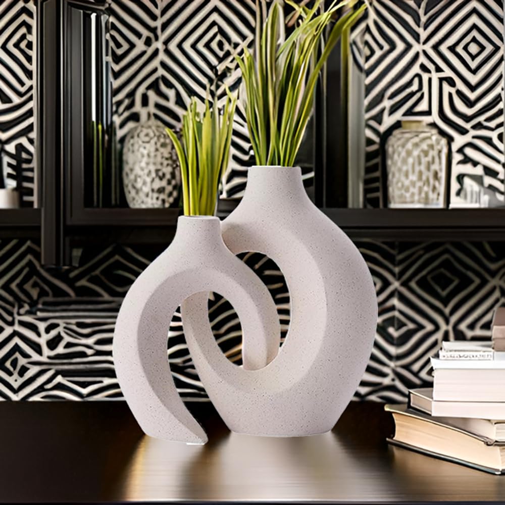 White Ceramic Vases, Set of 2, Round Hollow, Modern Flower Vase for Home Decor, Boho Style, Minimalist Decor for Living Room, Dining Room, Entryway Table (Black)