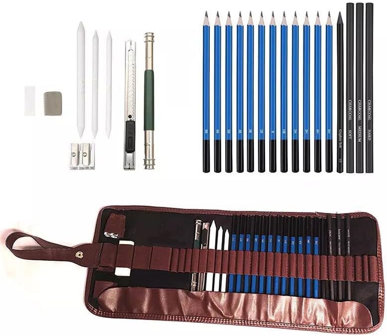 ColorBlocks 25 Pcs Sketch Set |Bonus Drawing Book| Charcoal Set | Roll Up Canvas Carry Pouch | Pro Art Supplies Kit | Drawing Pencils, Sharpeners, and Erasers