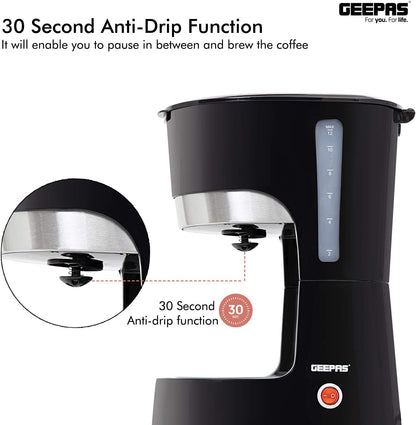 Geepas-Coffee Maker, 1.5L Filter Coffee Machine, GCM6103 | High Temperature Glass Carafe | Keep Warm & Anti-Drip Function | Reusable Filter | On/Off Switch with Indicator Light