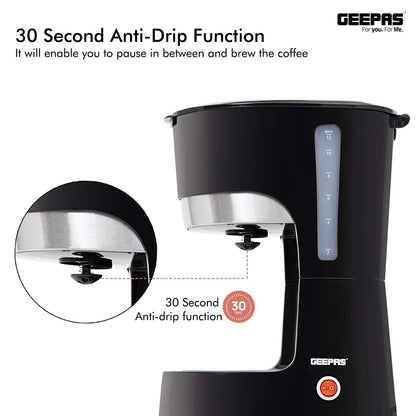 Geepas-Coffee Maker, 1.5L Filter Coffee Machine, GCM6103 | High Temperature Glass Carafe | Keep Warm & Anti-Drip Function | Reusable Filter | On/Off Switch with Indicator Light