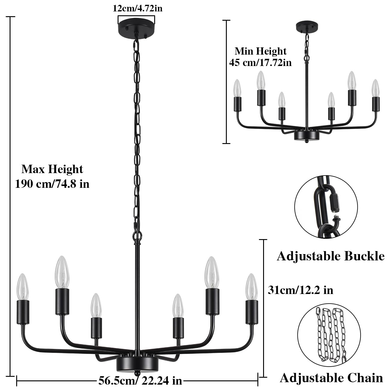 MRHYSWD Black Chandeliers Ceiling Lights Living Room, 6 Lights Pendant Light Fitting Industrial Ceiling Lighting for Kitchen Dining Room Bedroom Hall, Height Adjustable, E14 Bulbs (Exclude)