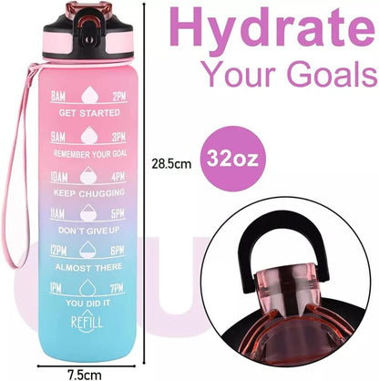 Illys Plastic Water Bottle, 1L / 32oz with Motivational Time Marker (Multi colour)