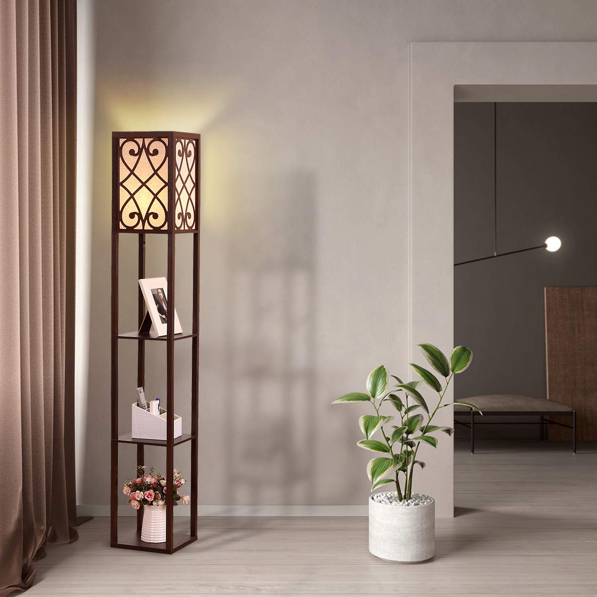 Ganeed LED Shelf Floor Lamp for Livingroom - Office Standing Lamps Corner Storage Standing Bookshelf Lamp - Modern Bedroom Floor Light with Wooden Storage Shelves and Cotton Linen Shade