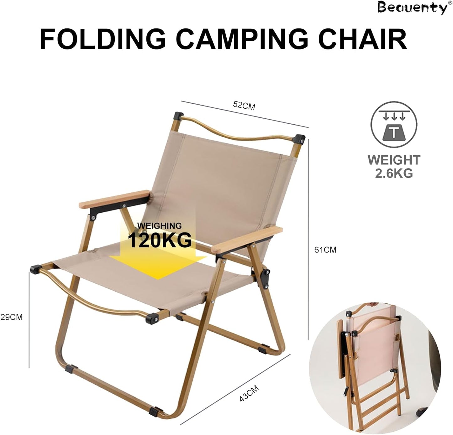 Beauenty Easy Folding Camping Chair with Wooden Handles, Portable Foldable Chair Load Up to 115KG for Outdoor Camping Beach Fishing Picnic (L Black （Height 76CM）)