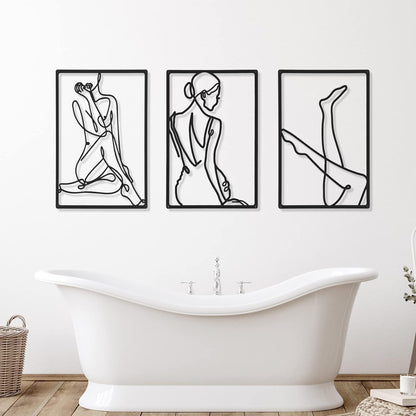 CHENGU 3 Pieces Metal Minimalist Abstract Woman Wall Art Line Drawing Wall Art Decor Single Line Female Home Hanging Wall Art Decor for Kitchen Bathroom Living Room (Black, Hand)