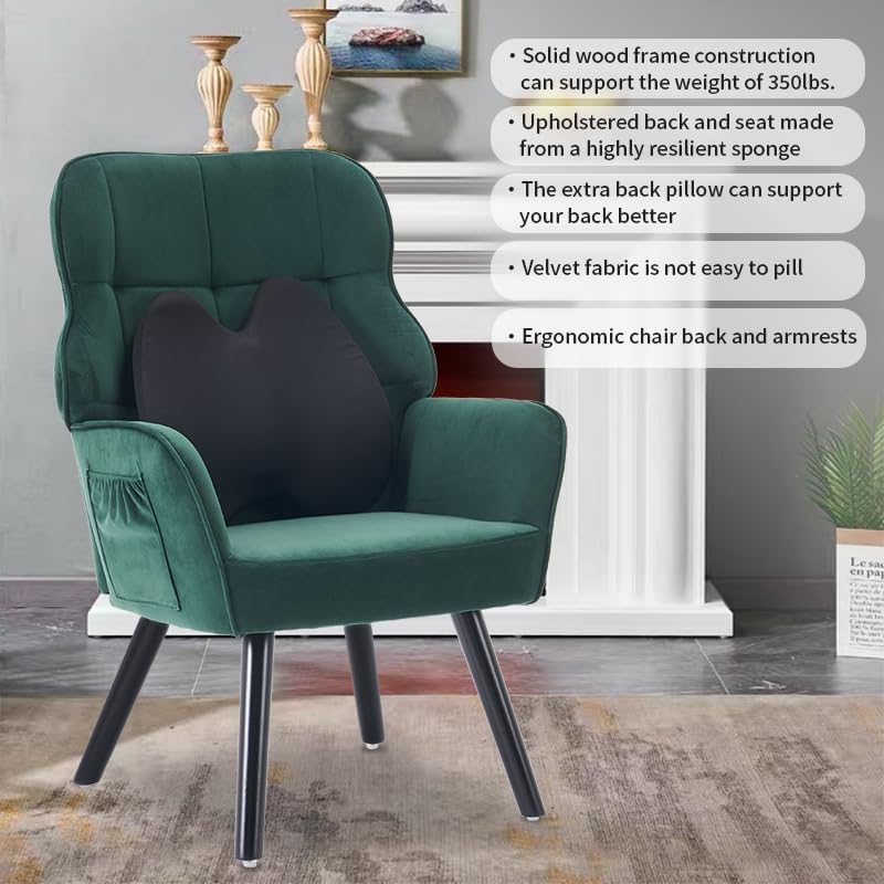 Deenziilix Modern Accent Chair, Mid-Century Velvet Armchair with Lumbar Pillow, Upholstered Tufted Comfy Chair, Single Sofa with Sturdy Wood Legs or Living Room/Bedroom/Office