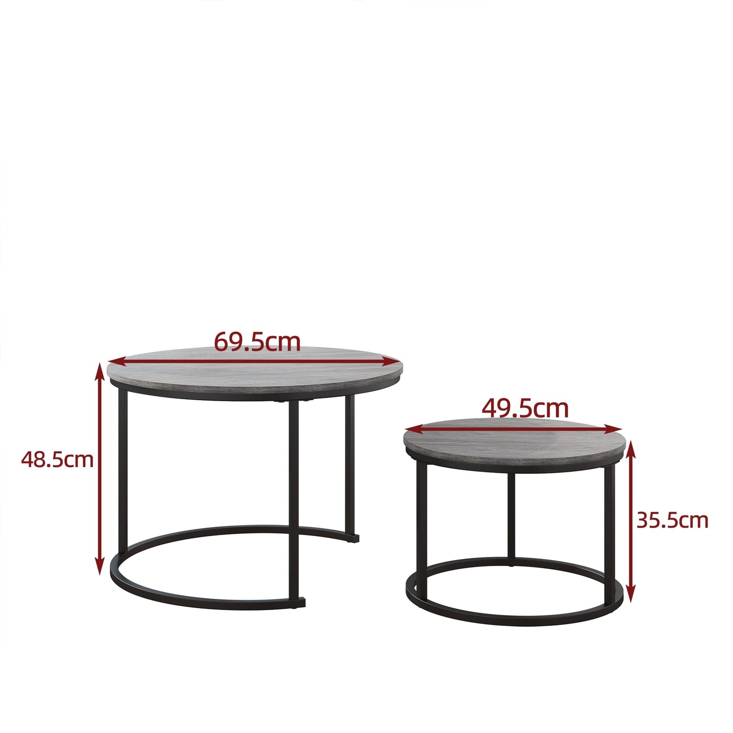 HOJINLINERO Nesting Round Coffee Table Set of 2 End Tables for Living Room,Grey Coffee Table Wooden Accent Furniture with Metal Frame,Stacking Side Tables,Black+Warm Grey