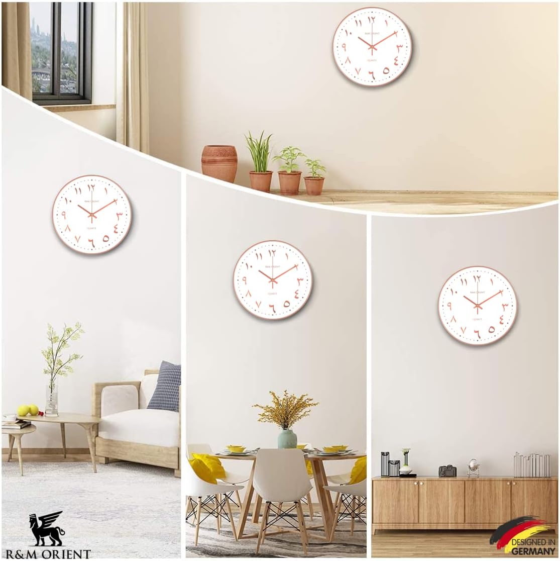 R&M ORIENT 30cm Arabic Wall Clock Round with creeping hands without ticking noise, silent quartz movement, easy to read, large wall clock for living room, office, kitchen, restaurant (Silver/Black)