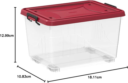 Cosmoplast 55L Clear Plastic Storage Box with Wheels & Lockable Lid Set of 6