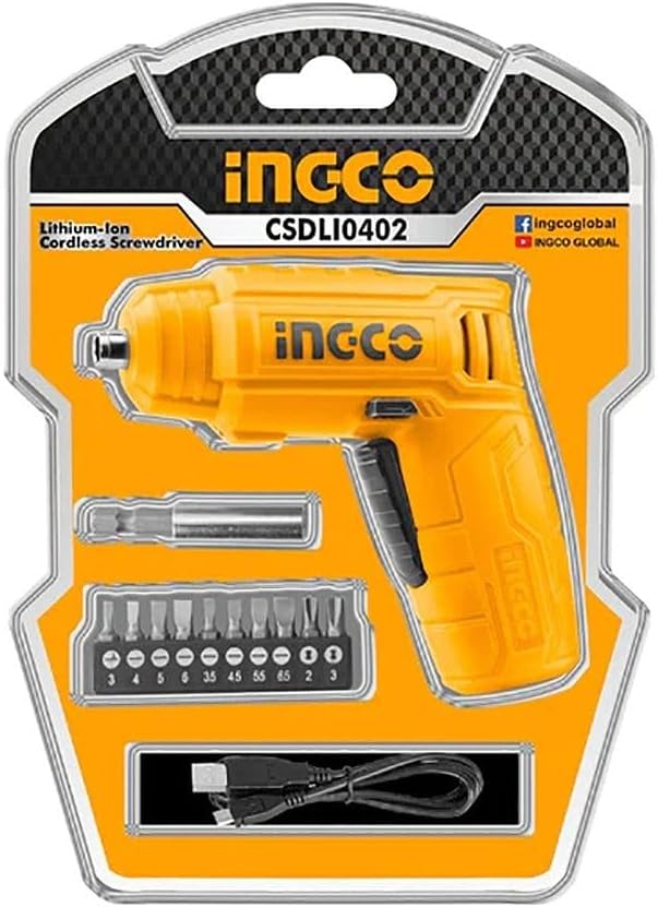 Ingco 4V Compact Cordless Electric Rechargeable Screwdriver Set With 11 Bits, Yellow