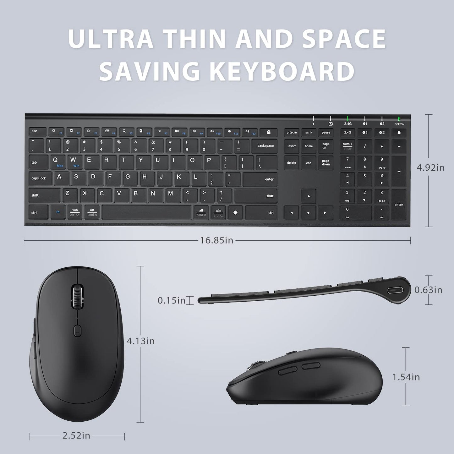 iClever Bluetooth Keyboard and Mouse Set DK03, Rechargeable Dual-Mode (Bluetooth + 2.4G) Wireless Keyboard and Mouse Set, Ultra-Slim Multi-Device Keyboard for Mac, iPad, Apple, Android, Win,Grey Black - CaveHubs