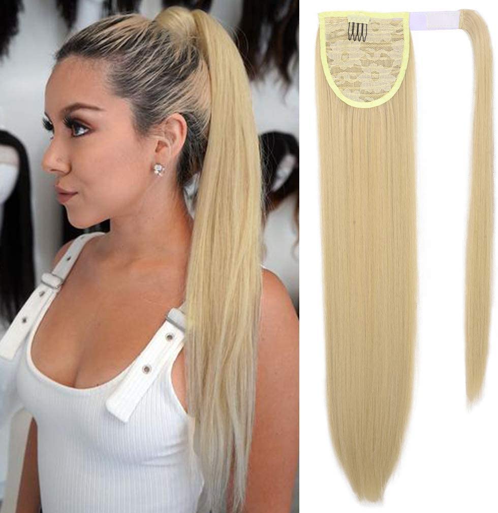 Long Straight Ponytail Extension Wrap Around Off Black Synthetic Hair Extensions One Piece Hairpiece Pony Tail Extension for Women (STRAIGHT, 1B)