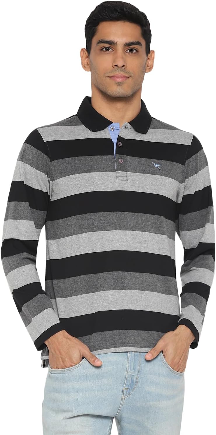 Deniklo Men's Polo Collar Full Sleeves Striped T-Shirt with Embroidery DK 240